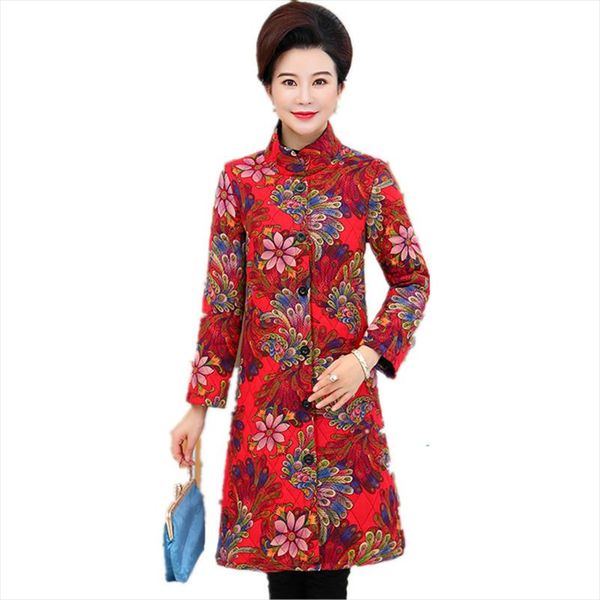 

new winter jacket women thicken single breasted warm winter coat print floral cotton chinese style vintage women outwear, Black