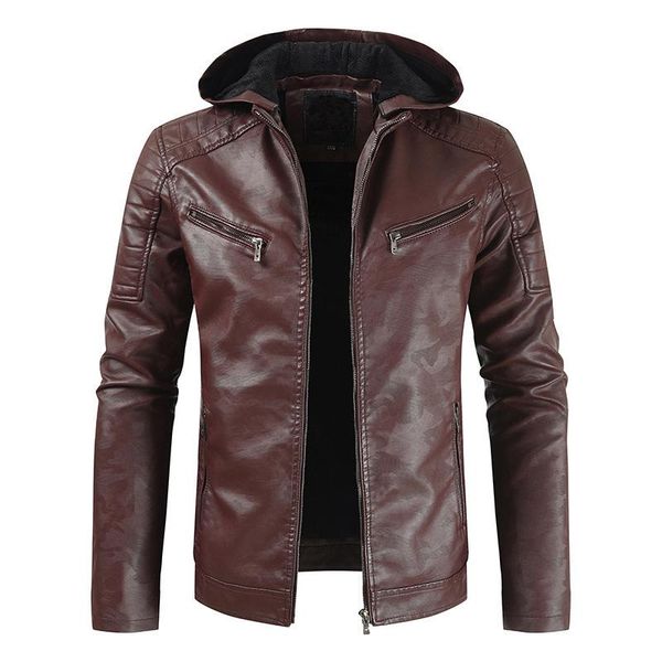 

men pu leather jacket with zipper for autumn winter 2021 solid color large size male coat casual black motorcycle hooded jackets