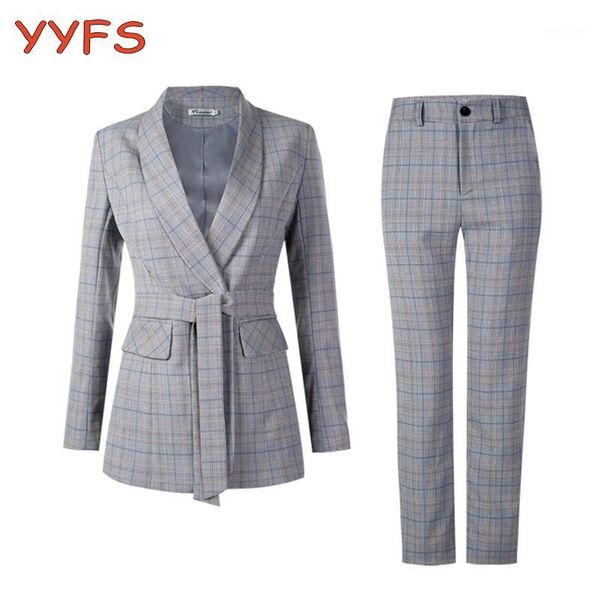 

new plaid suit women blue gray casual blazer pant spring office lady notched jacket pant suits korean femme 2 pieces set1, White;black