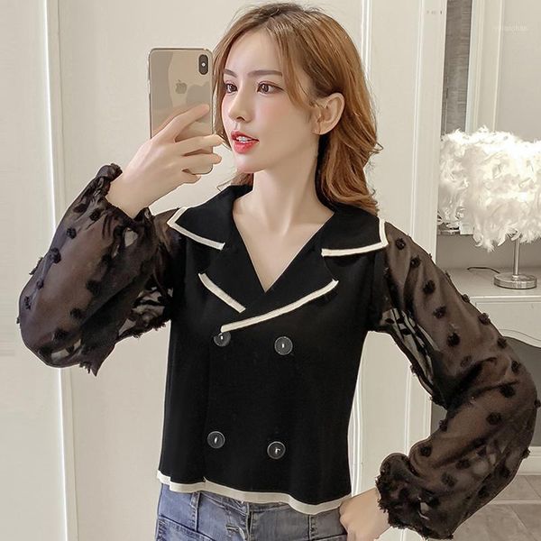 

autumn knitted crop autumn women blouses fashion brand korean style ladies v-neck sweet blusas mujer de moda new1, White