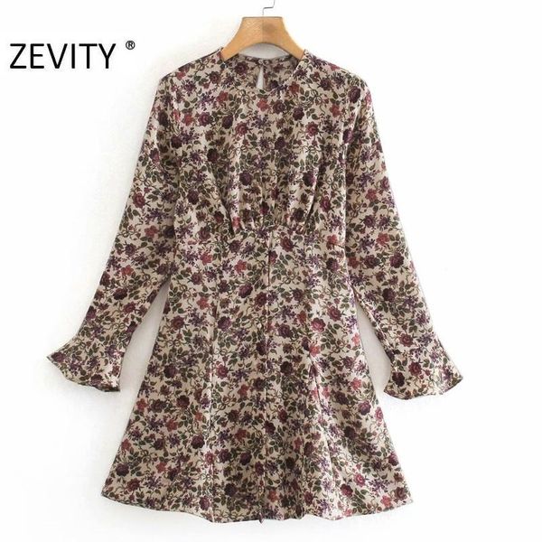 

casual dresses zevity women fashion o neck flower print waist pleats soft mini dress female chic flare sleeve slim court vestido ds4611, Black;gray