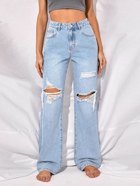 

high waist ripped straight leg jeans l3fu#, Blue