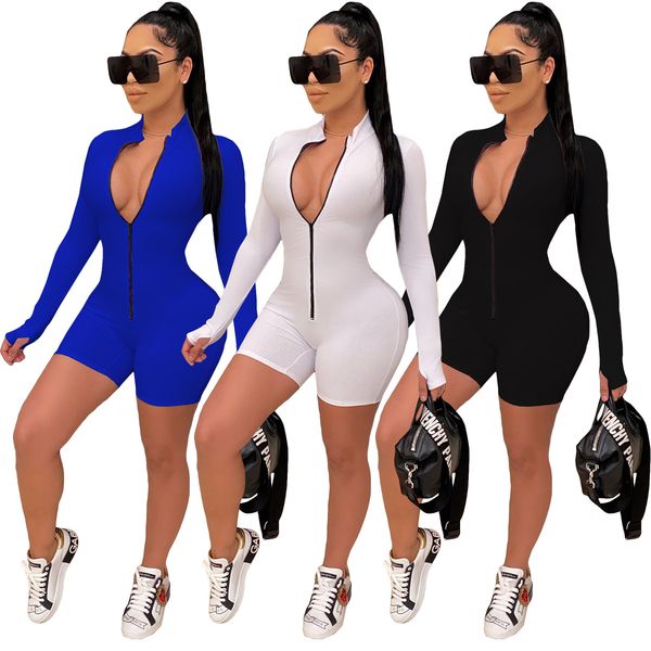

2021 new arrivals long sleeve solid color skinny shorts rompers v neck womens jumpsuits fashion casual womens clothing, Black;white