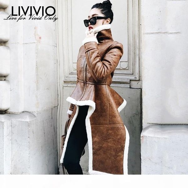 

livivio] irregular fleece coats pu leather turtleneck zipper midi long coat winter thick female large size tide clothing y191028, Black