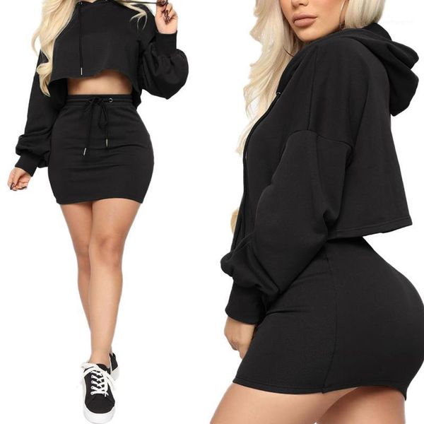 

new fashion women ladies winter casual loose drawstring long sleeve hoodies + high waist skirt outfits 2pc sets black gray1, Gray