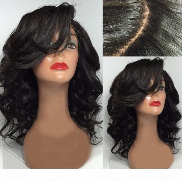 

brazilian glueless full lace short human hair wigs with bangs short wavy bob lace front wig for black women, Black;brown
