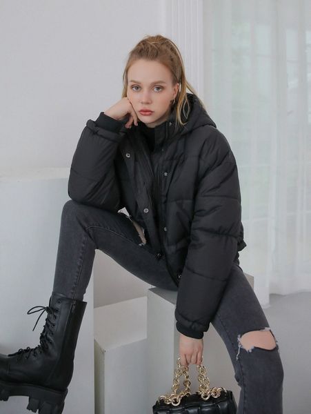 

coldbreak zip up snap button hooded puffer coat m6ki#, Black