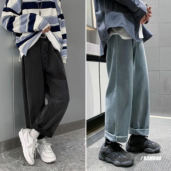 

men's jeans korean wide-leg fashion solid color retro casual men streetwear loose hip-hop straight denim trousers mens, Blue