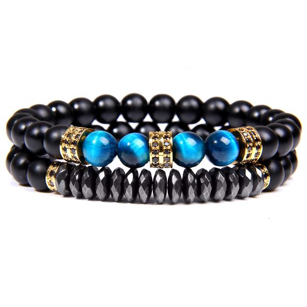 

2pcs/set couple distance bracelet natural stone blue royal tiger eye beads bracelet yoga hematite charm for men women, Black