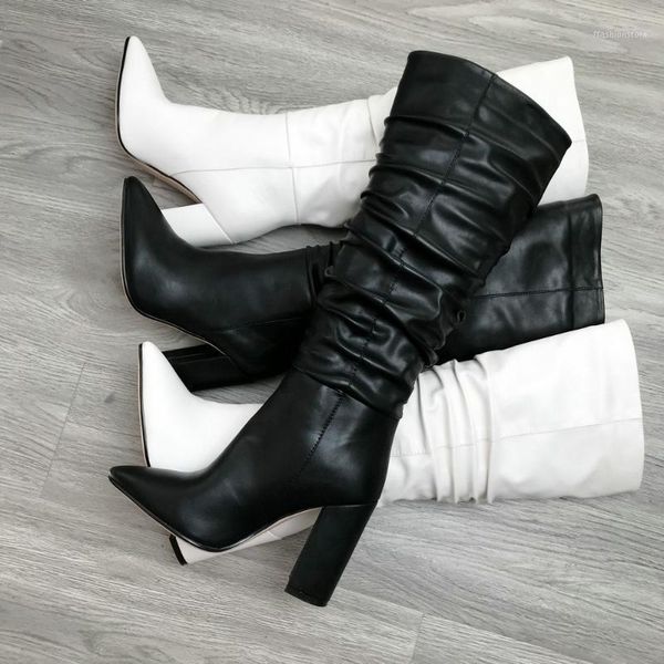 

boots black white slouchy women chunky heel knee high pointed toe fold woman thick winter shoes 20211