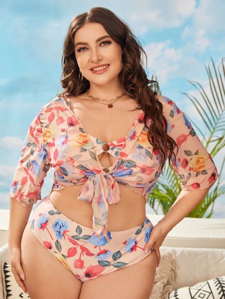 

3pack plus plant print ring linked bikini swimsuit & cover up x8tn#, Black