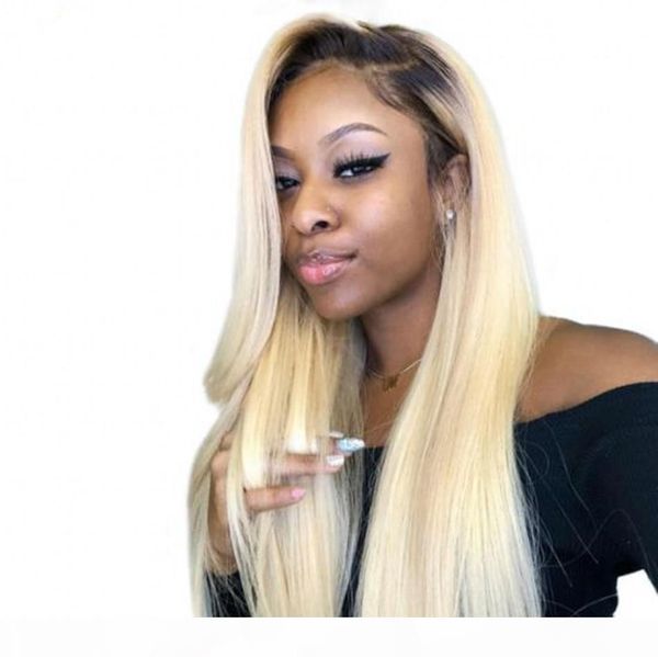 

malaysian straight human hair wigs ombre color 1b 613 dark roots lace front wig blonde hair for women, Black;brown