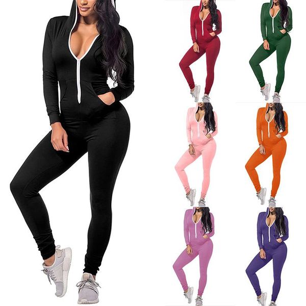 

2020 autumn tracksuit one piece set jumpsuit for women's solid long sleeve hoodies trousers pant rompers sportswear bodycon, Black;white