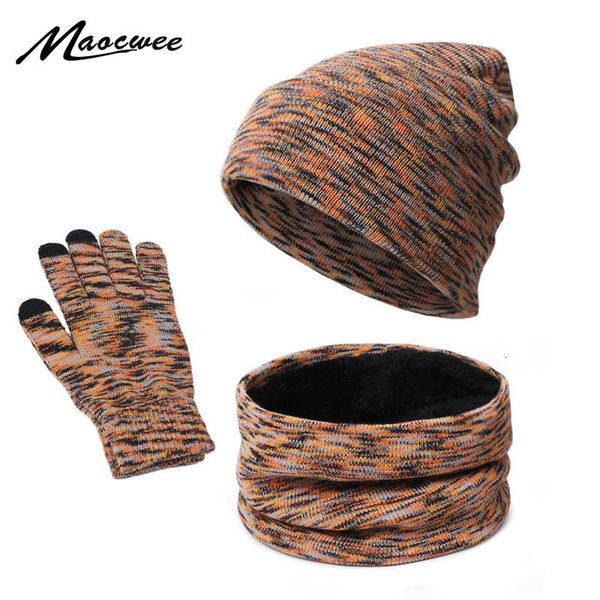 

winter beanie hat for men women hat scarf gloves sets warm plus velvet knitted hat scarf thick touch gloves set skullies beanies 201020, Blue;gray