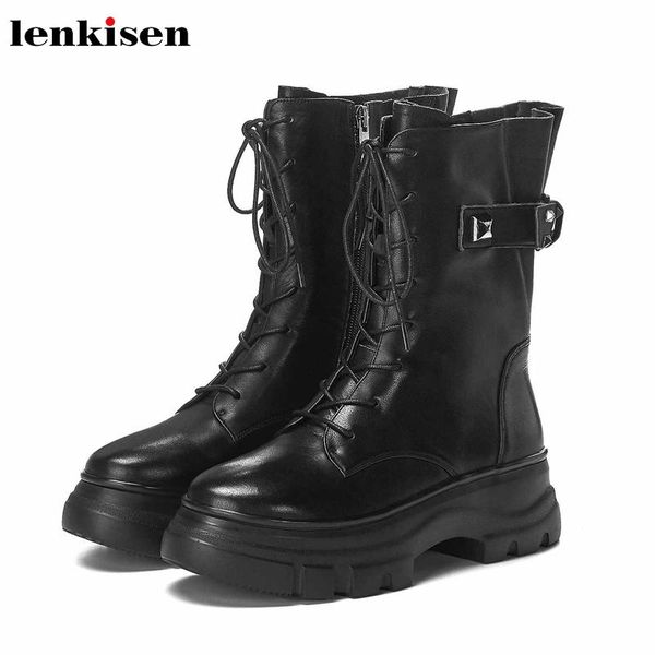 

lenkisen моды заклепки пряжки мотоциклов ботинки кожи коровы зашнуровать круглый носок водонепроницаемый теплый зимой твердый середины икры, Black