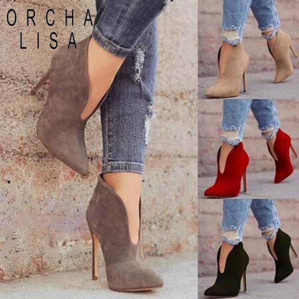 

boots orcha lisa shoes women ankle thin heel 12cm solid flock botines mujer high party heels botas feminina, Black