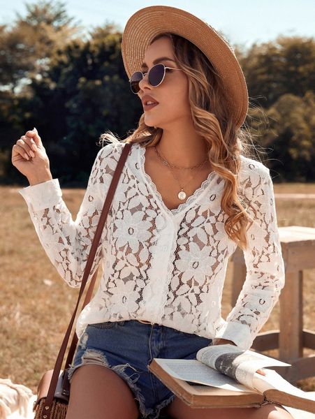 

solid guipure lace blouse w6nn#, White
