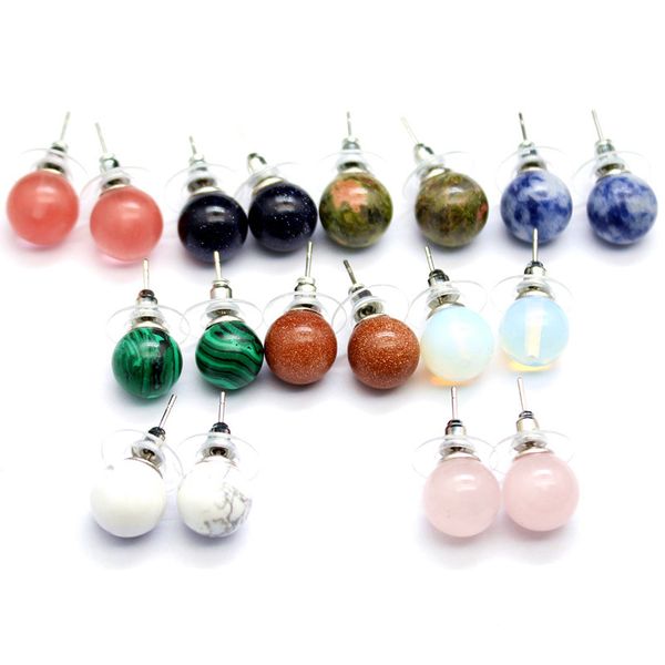 

10mm natural stone stud earrings healing pink crystal rose quartz round ball beads ear jewlry for women, Golden;silver