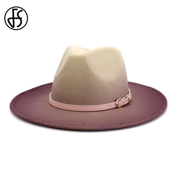 

fs мужчины женщины шерсть двухцветный градиент fedora hat широкий брим войлок панама джаз cap розовый поясная пряжка элегантная дама партии, Blue;gray
