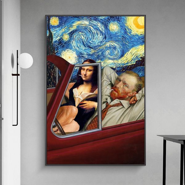 

funny art van gogh and mona lisa driving canvas posters abstract smoking oil paintings on canvas wall pictures home wall decor