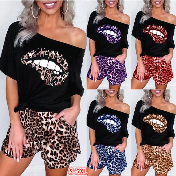

gym clothing est arrival women 2 pieces suit set female leopard printed boat neck short sleeve t-shirt+shorts outfits, White;black