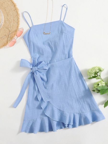 

cut out tie back ruffle trim wrap hem slip dress a3ea#, Black;gray