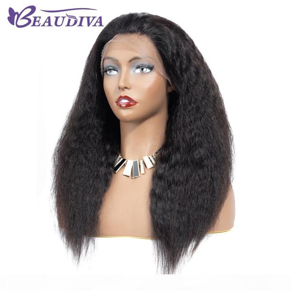 

beaudiva 13*4 lace front human hair wigs with baby hair kinky straight natural color malaysian kinky straight hair lace wigs, Black;brown