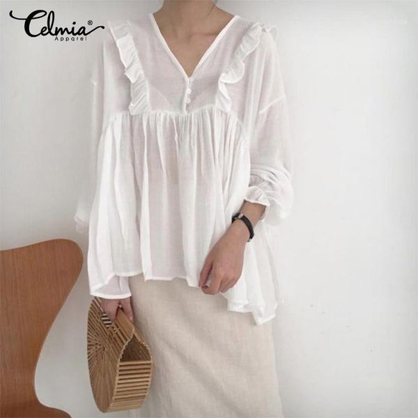 

2019 celmia fashion women white blouses plus size solid v-neck loose shirt casual long sleeve ruffles femme blusas 5xl1
