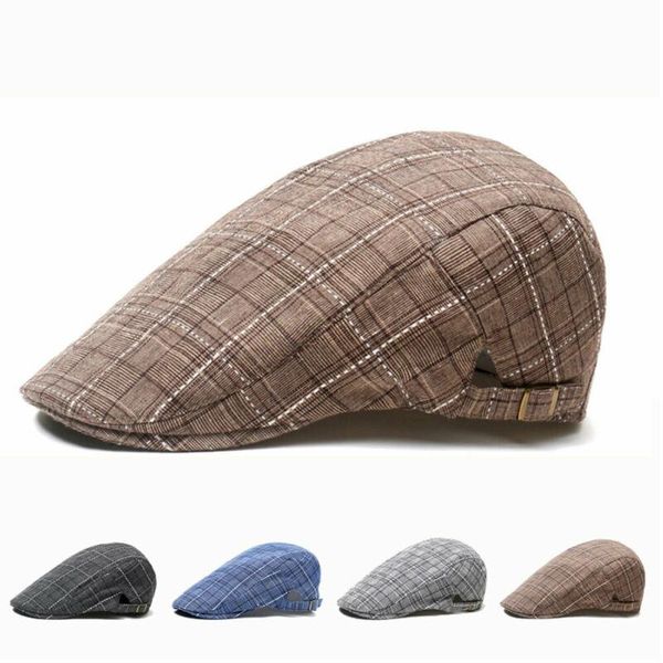 

berets meihuida british style men casual adjustable cotton plaid gatsby golf beret vintage flat cap special props for po studio, Blue;gray