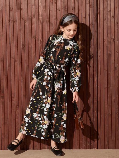 

girls floral print lantern sleeve belted dress she, Red;yellow