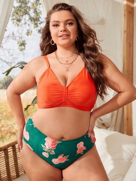 

plus floral print ruched bikini swimsuit v1dw#, Black