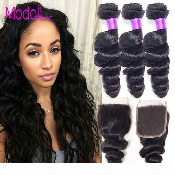 

peruvian loose wave virgin hair bundles with closure 100 human hair 3 bundles with middle parting lace closure virgin hair extension 4pc lot, Black;brown