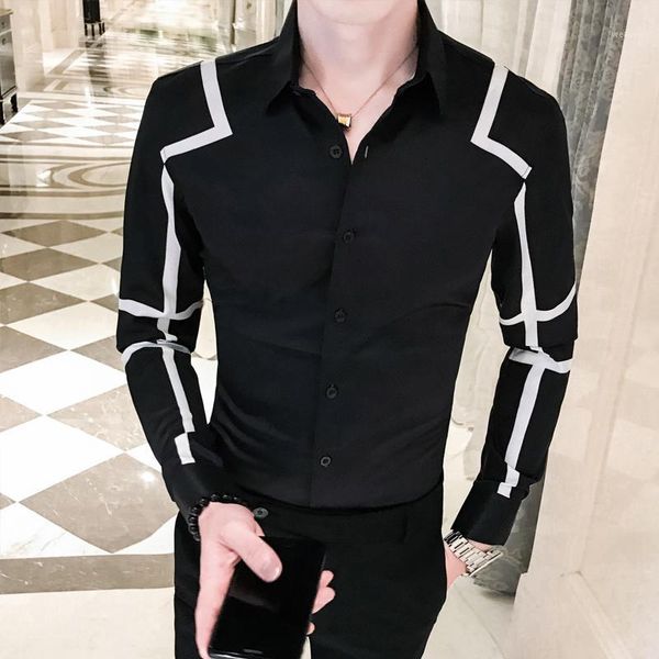 

contrast wavy stripe shirt black white red dress shirt men slim fit desinger fancy men chemise homme club party outfit1, White;black