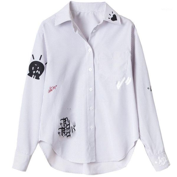 

striped skull letters print cotton shirt collar front buttons long sleeves buttoned cuffs fashion blouse woman1, White