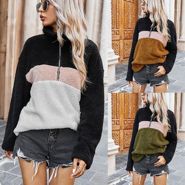 

casual women sweatshirt autumn hoodie winter turn-down collar warm hooded patchwork zippers hoody woman1, Black