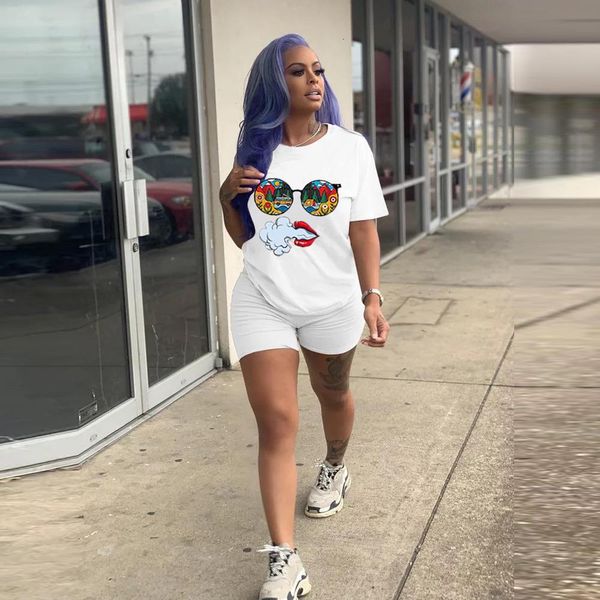 

2020 new arrival famous brand two pieces tracksuits women set white print t-shirt and shorts summer elastic outfits, Gray