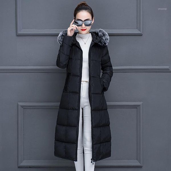 

plus size x-long hooded parka women office lady outwear cotton padded jackets fur collar slim thick 2020 winter warm coats1, Black