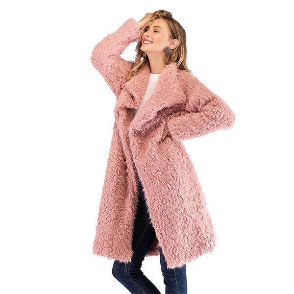 

autumn winter women's new temperament elegant lamb wool long-sleeved jacket lapel long coat a067, Black