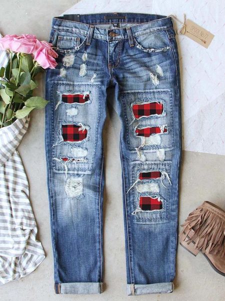 

ripped jeans for women red plaid patchwork jeans casual straight trousers female high waisted vintage streetwear, Blue