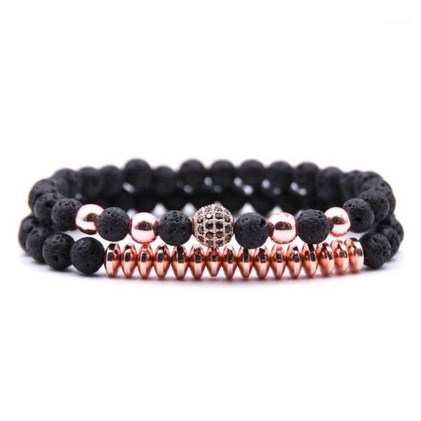 

2pcs / set beads bracelet men tiger eye lava stone micro zircon ball bracelet for men women couples friendship bracelets jewelry1, Black