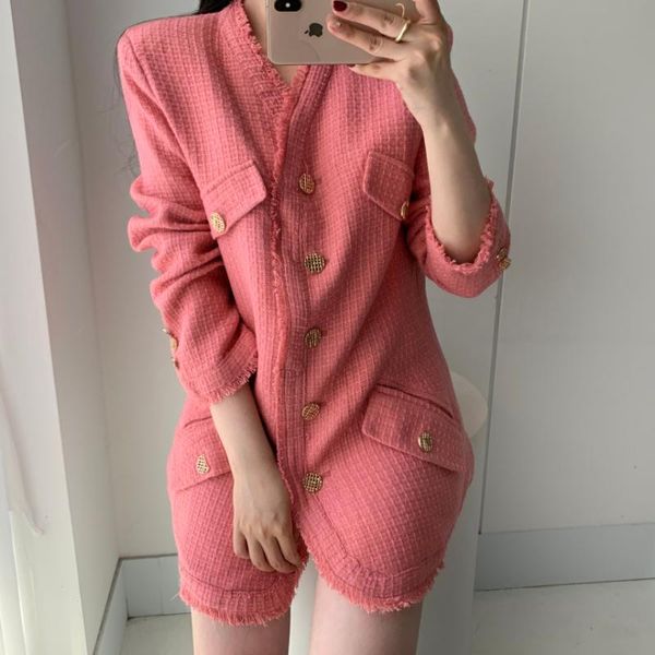 

autumn korean retro solid v-neck loose medium length tweed coat jackets for women, Black;brown