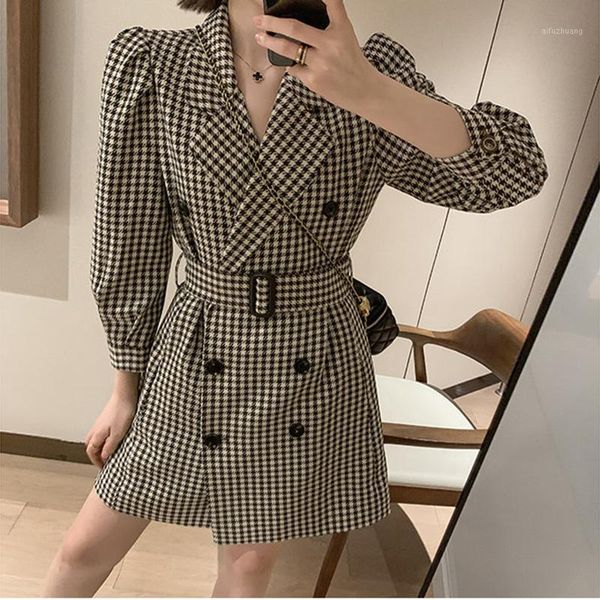 

women fashion sashes plaid suit jacket autumn 2020 new puff sleeve button blazer woman double breasted long outwear femme1, White;black