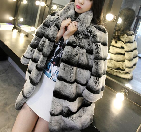 

real chinchilla coat for women genuine rex rabbit coats woman natural plus size thick warm fur overcoat 201016, Black