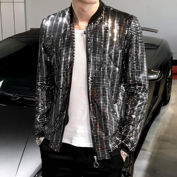 

2021new sequined bomber jacket men shiny sequins long sleeve glitter zipper coat hip hop loose night club stage streetwear coats, Black;brown