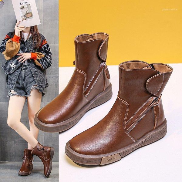 

winter boots women fashion ankle boots women black brown pu leather zip ladies winter women's shoes1