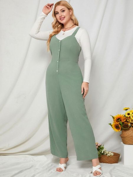 

plus half button crisscross overall wide leg jumpsuit without tee j6ec#, Black
