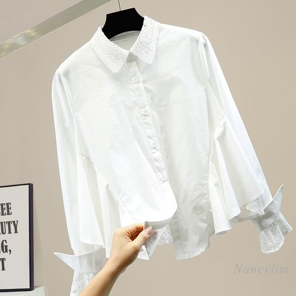 

irregular lace patch white blouse women lapels single-breasted pleated ruffle shirt female all-match solid color blusas