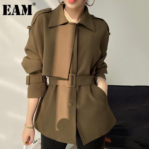 

women's trench coats [eam] women brown stitch big size lapel long sleeve loose fit windbreaker fashion tide spring autumn 2021 1db309, Tan;black