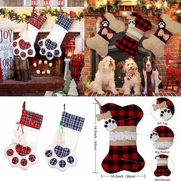 

paw stockings dog bone shape plaid hanging stocks christmas pendant decoration gift candy bag hha1578 hb7s