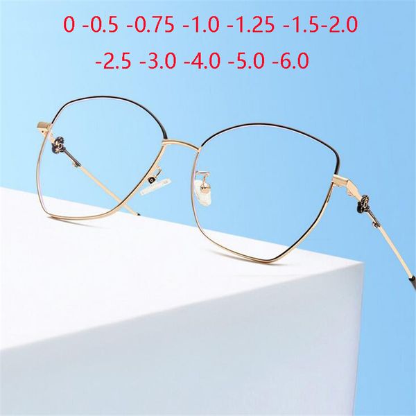 

blue light blocking polygon myopia lens prescription women metal cat eye nearsighted glasses female 0 -0.5 -0.75 to -6.0, Silver